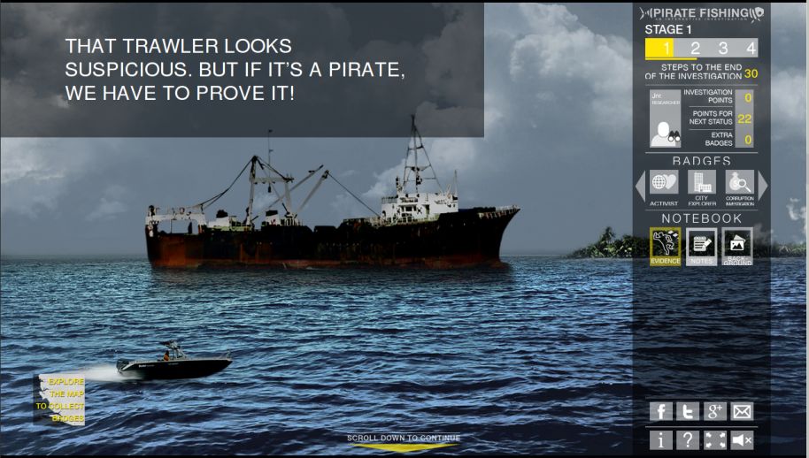 A destra il menù di interazione con la storia rende Pirate Fishing una storia inerattiva gamificata